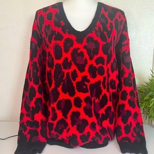 Womens Soft Red & Black Leopard Cheetah Print Holiday Sweater LARGE APT 9